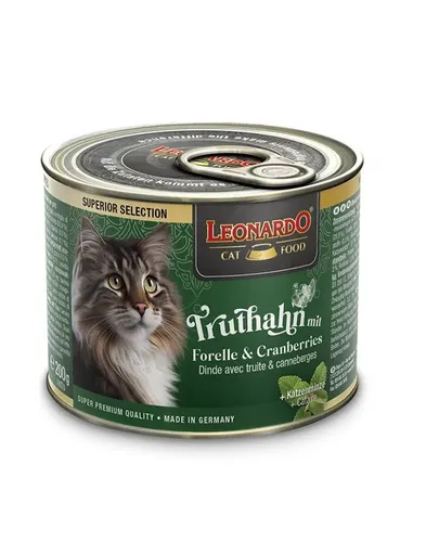 LEONARDO Superior Selection 200 g curcan, pastrav si merisor conserva pisica