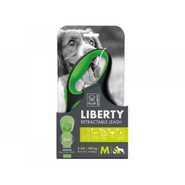 Lesa retractabila banda pentru caini, LIBERTY M-PETS, Verde M, 5m,  20 kg