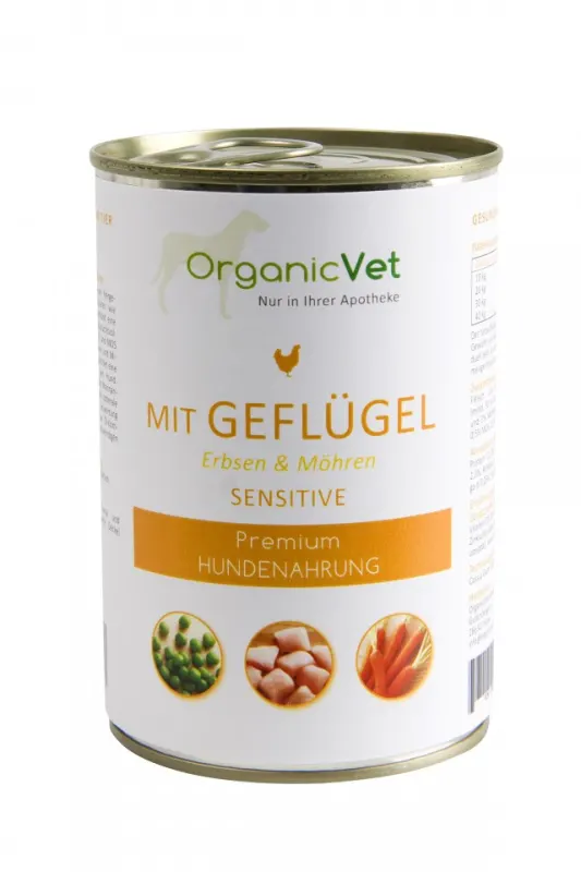 OrganicVet Sensitive - Pasari de curte, mazare si morcov - 400g