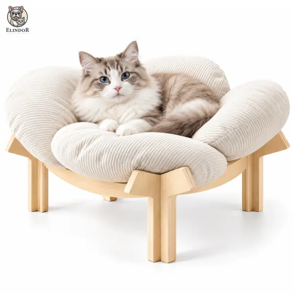 Pat Confortabil pentru Pisici Elindor® Elevat, Asimetric, Culcus Moale Antiderapant, Potrivit pentru Pisica de Talie Medie si Mare, Sustine pana la 18 kg, Ideal in Orice Anotimp, in Casa, 60 x 60 x 32 cm, Bej - Default Title