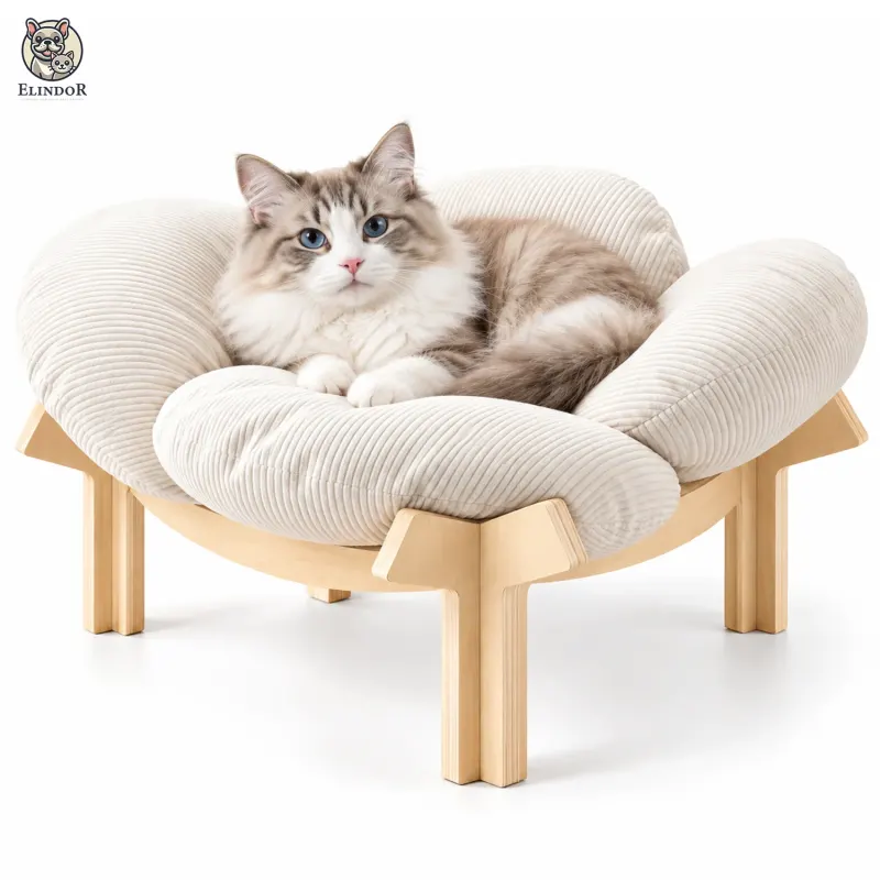 Pat Confortabil pentru Pisici Elindor® Elevat, Asimetric, Culcus Moale Antiderapant, Potrivit pentru Pisica de Talie Medie si Mare, Sustine pana la 18 kg, Ideal in Orice Anotimp, in Casa, 60 x 60 x 32 cm, Bej - Default Title