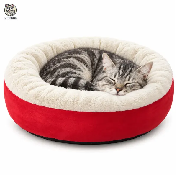 Pat Confortabil pentru Pisici Elindor® Rotund, Culcus Moale Antiderapant, Potrivit pentru Caine si Pisica de Talie Mica si Medie, Ideal in Orice Anotimp, in Casa, Marimea S, 60 x 60 cm, Visiniu - Default Title