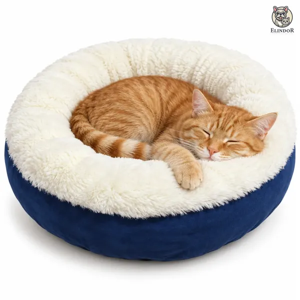 Pat Confortabil pentru Pisici Elindor® Rotund, Culcus Moale Antiderapant, Potrivit pentru Caine si Pisica de Talie Mica si Medie, Ideal in Orice Anotimp, in Casa, Marimea S, 60 x 60 cm, Albastru Inchis - Default Title