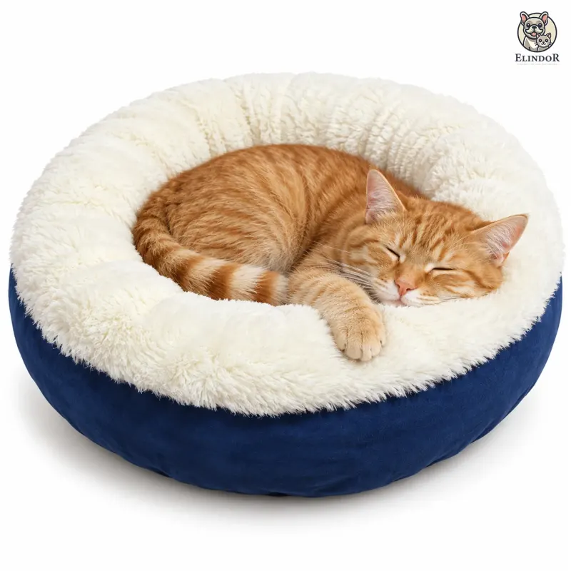 Pat Confortabil pentru Pisici Elindor® Rotund, Culcus Moale Antiderapant, Potrivit pentru Caine si Pisica de Talie Mica si Medie, Ideal in Orice Anotimp, in Casa, Marimea S, 60 x 60 cm, Albastru Inchis - Default Title