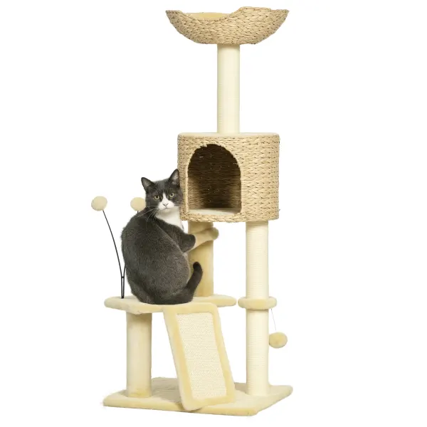 PawHut Arbre à chat înălțime 116 cm casetă coș platforme pompoane din pluș și iasomie de apă - bej | Aosom Romania