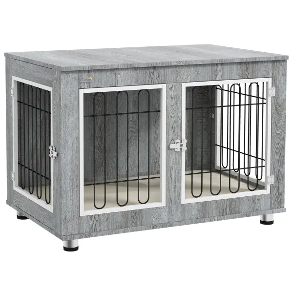 PawHut Cage pentru câini animale cușcă de câini pe picioare cu pernă detașabilă oțel aspect lemn 90 x 58 x 65 cm gri | Aosom Romania