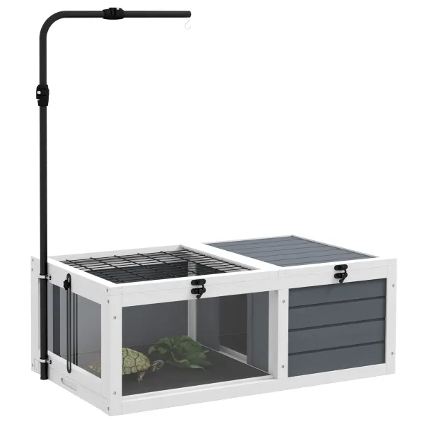 PawHut Casă/îngrăditură cușcă pentru broască țestoasă cu 2 spații suport de lampă reglabil 81 x 48 x 31,5 cm gri | Aosom Romania
