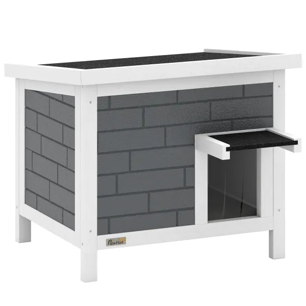 PawHut Căsuță pentru pisici rezistentă la intemperii din lemn cu acoperiș rabatabil, plăci izolante din aluminiu, acoperiș din asfalt, 61x51x53,5 cm | Aosom Romania