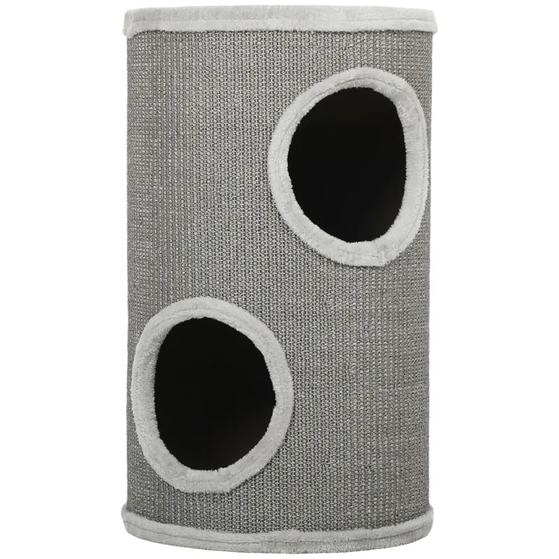 PawHut Cilindru de zgâriat, înălțime 60 cm Ø 35 cm, model cu două nivele și 2 bârloguri, margine din pluș, pentru 1-2 pisici până la 5 kg, gri deschis | Aosom Romania