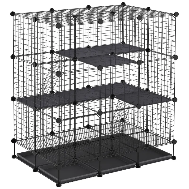 PawHut Cușcă parc rozătoare modulară dim. L 111 x l 75 x H 119 cm 3 nivele 4 uși sârmă metalică negru | Aosom Romania