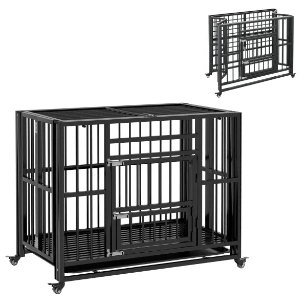 PawHut Cusca pentru câini, Cușca pentru animale de companie, incl. tavă detașabilă, blocare, roți universale, 94 cm x 58 cm x 78 cm, Negru | Aosom Romania
