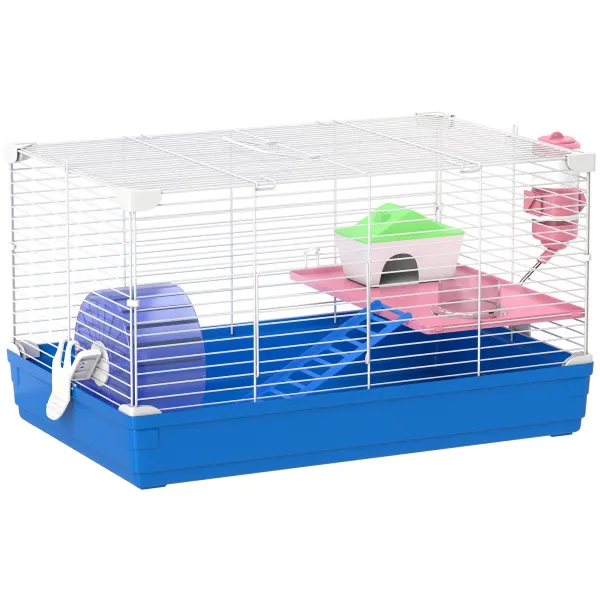 PawHut Cușcă pentru Hamster Casă pentru Rozătoare cu Roată de Exerciții Bol Adăpătoare Căsuță Rampe pentru Jerboși 47x30x27 cm Albastru | Aosom Romania