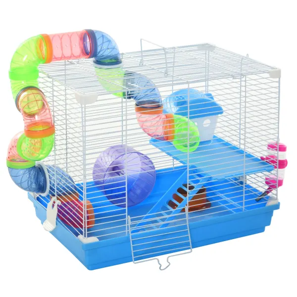 PawHut Cușcă pentru Hamster cu 2 Niveluri, Rezervor de Apă, Tavă Detașabilă, Tunel și Roată, 46x30x37cm, Albastru | Aosom Romania