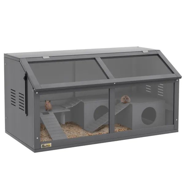 PawHut Cușcă pentru hamster, cușcă din lemn pentru animale mici, punte suspendată, scări, căsuță, 84 x 45 x 44 cm, pentru hamsteri pitici, Gri | Aosom Romania