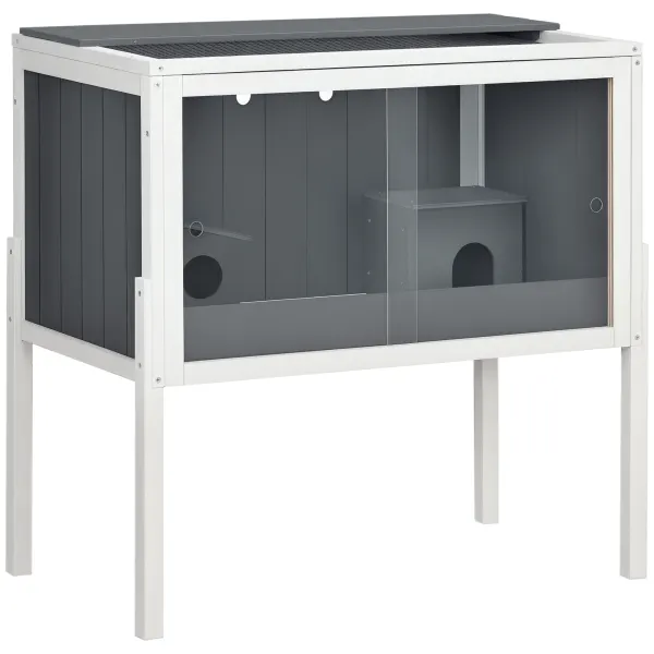 PawHut Cușcă pentru hamsteri, 3000 cm² Cușcă pentru hamsteri pitici din lemn și metal, cu 2 hamace, uși glisante din acrilic, stabilă, sigură, Gri+Alb | Aosom Romania