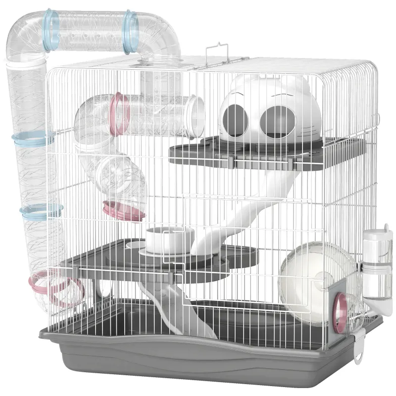 PawHut Cușcă pentru Hamsteri cu 3 Niveluri, Roată de Exerciții, Rezervor de Apă, Bol pentru Hrană, pentru Hamsteri Pitici, 45 x 30 x 45 cm, Gri | Aosom Romania