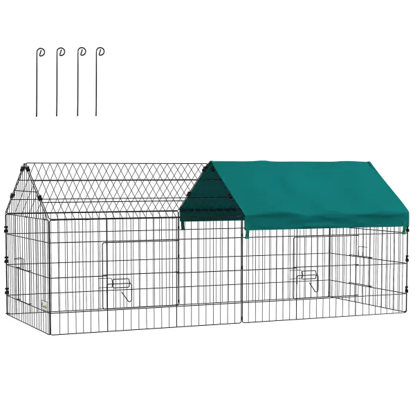 PawHut Cușcă pentru Iepuri și Găini de Exterior și Interior cu Protecție Solară și Grilaj Metalic, Coteț Recint pentru Animale Mici, Găini, 185x75x75 cm, Verde | Aosom Romania