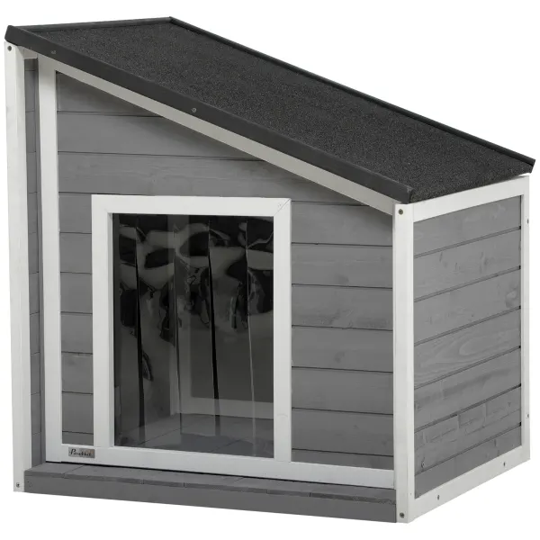 PawHut Hundehütte din lemn masiv, rezistent la intemperii, acoperiș din șindrilă, 71 cm x 58 cm x 77 cm, Gri + Alb | Aosom Romania