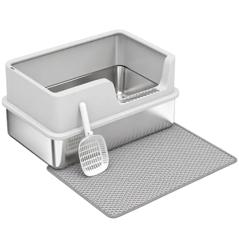 PawHut Litieră pentru Pisici xl cu Covoraș, Tavă din Oțel Inoxidabil, Lopățică, Perie, Până la 8 Kg, Gri Deschis | Aosom Romania