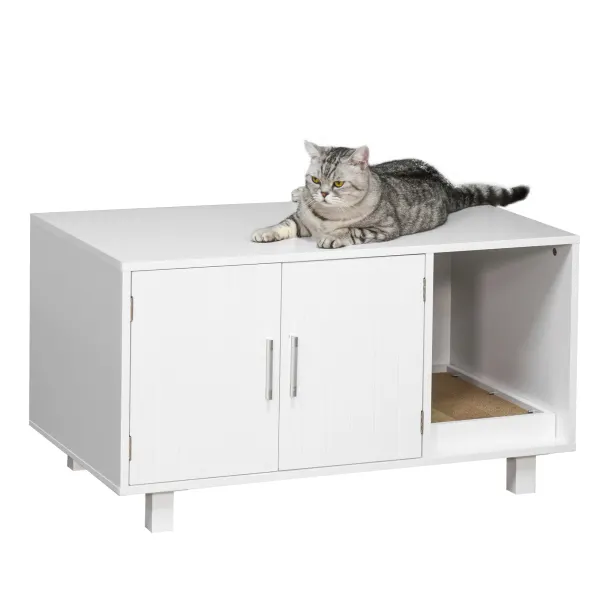 PawHut Mobilier din Lemn pentru Litiera Pisicilor, cu 2 Uși și Deschidere Laterală, 91x52x50,5 cm, Alb | Aosom Romania