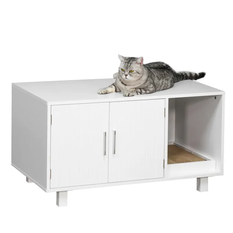 PawHut Mobilier din Lemn pentru Litiera Pisicilor, cu 2 Uși și Deschidere Laterală, 91x52x50,5 cm, Alb | Aosom Romania