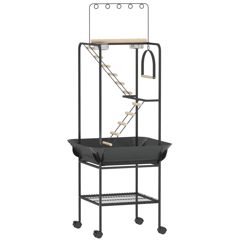 PawHut Parc de Joacă pentru Păsări cu Roți Scări Leagăn Protecție pentru Semințe Tavă Hrănitoare Bățuri 63x63x163 cm | Aosom Romania