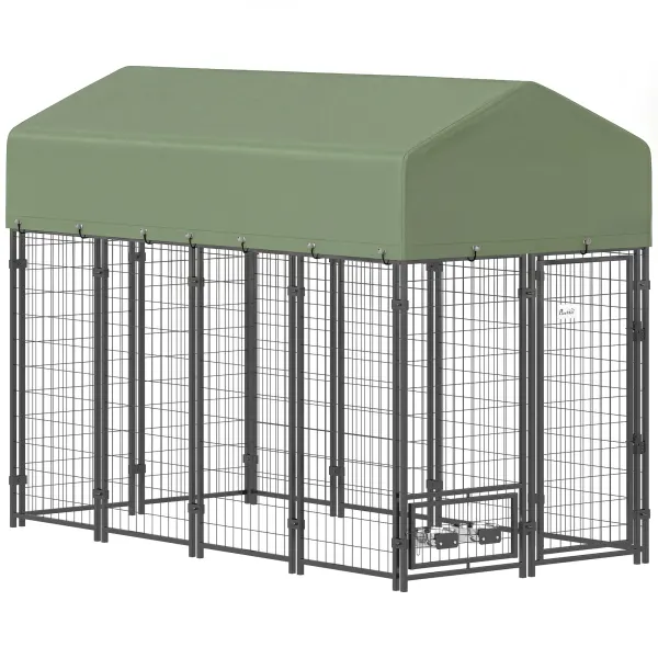PawHut Țarc pentru Câini de Exterior din Oțel cu Acoperiș din Material Oxford, Anti-UV, Impermeabil, 2 Boluri, Verde | Aosom Romania