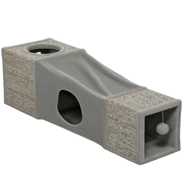 PawHut Tunel pentru pisici de interior jucării pentru pisici cu bilă suspendată intrări multiple în sisal 98 x 30 x 30 cm gri | Aosom Romania
