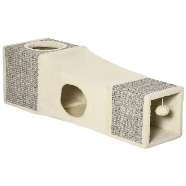 PawHut Tunel Pliabil pentru Pisici cu Căsuțe și Zgârâietori, Jucării cu Minge de Pluș și Sisal, 98x30x30 cm, Alb Crem | Aosom Romania