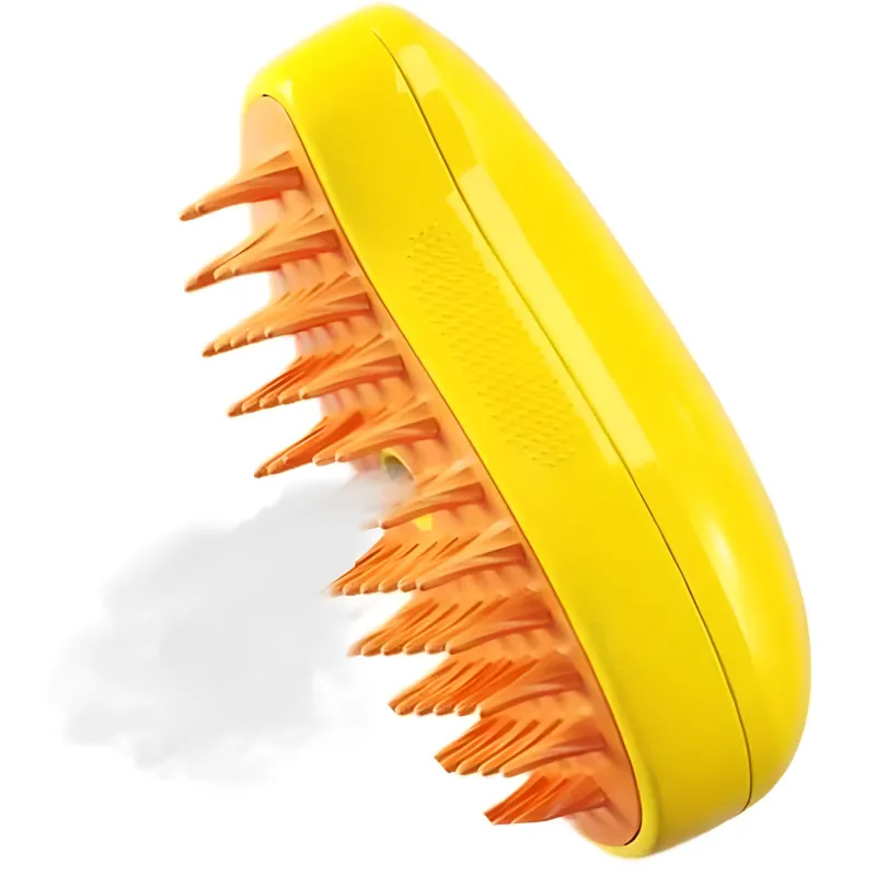 Perie 3 in 1 multifunctionala Engros pentru animale de companie, cu aburi, pulverizare si dozator incorporat, ideala in ingrijirea delicata a pisicilor si eliminarea eficienta a parului cazut, reincarcabila prin USB, Galbena, Fish & Paws®