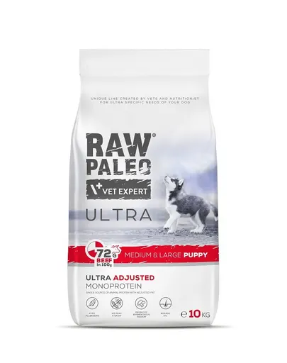 RAW PALEO Ultra Beef Medium&amp;Large Puppy 10kg Hrana uscata cateide talie medie si mare, cu vita