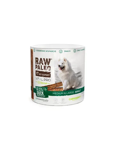 RAW PALEO Vital Pro Dental Duck Medium Large cu rață 100 g recompensă funcțională monoproteică pentru igiena orală a câinilor medii și mari