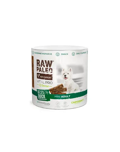 RAW PALEO Vital Pro Dental Duck Mini 100 g cu rață recompensă funcțională monoproteică pentru igiena orală a câinilor mici