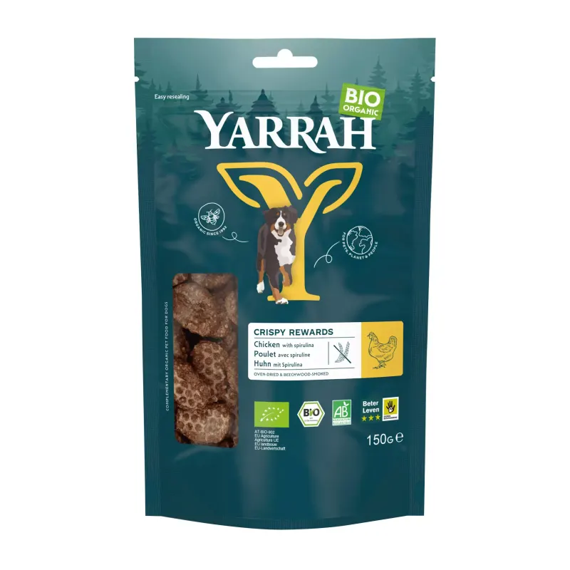 Recompense bio crispy pentru câini cu carne de pui și spirulina 150 g Yarrah