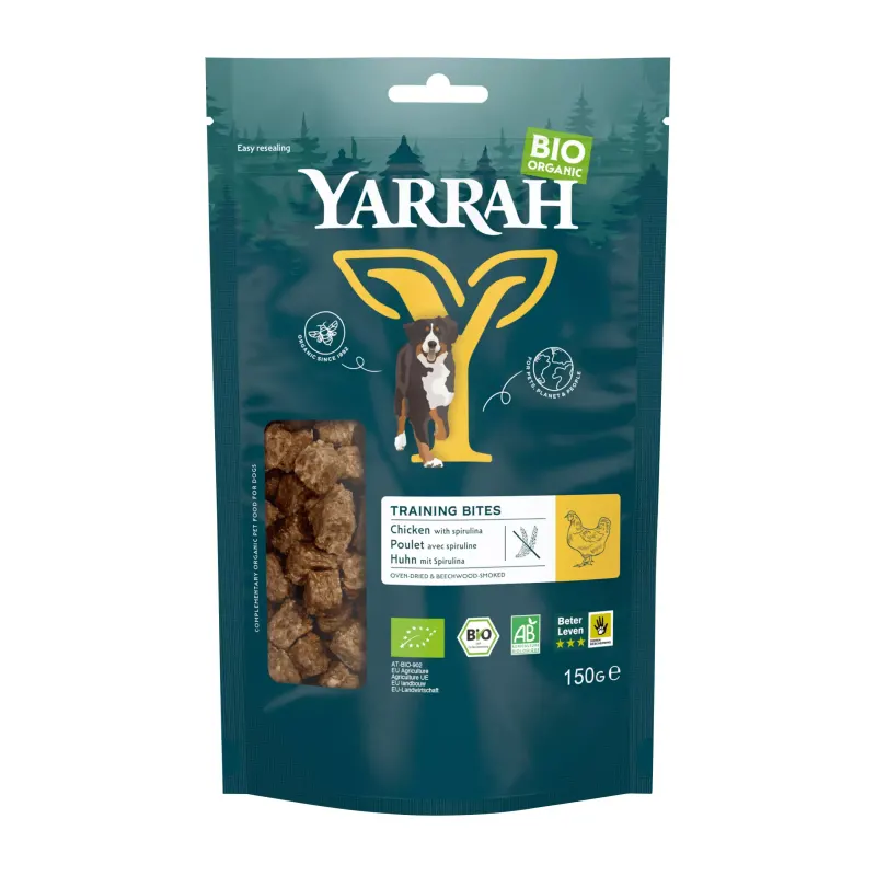 Recompense bio pentru câini, Training bites cu carne de pui și spirulina 150 g Yarrah