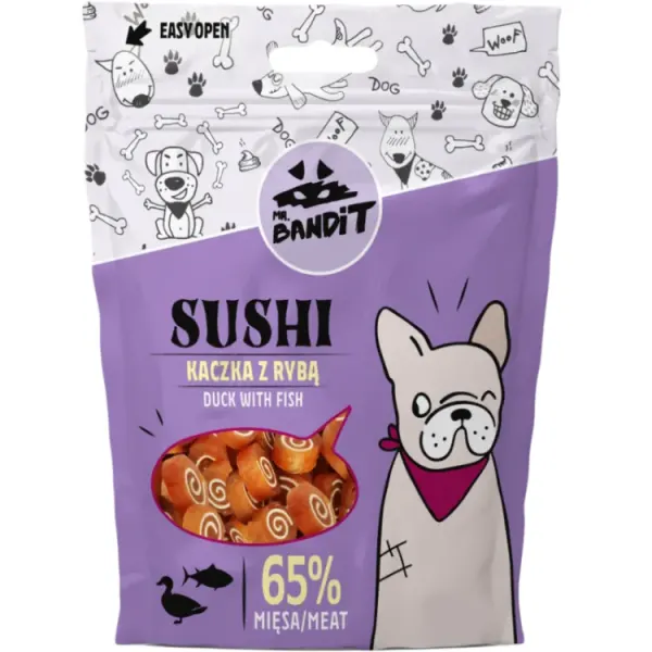 Recompense pentru caini Mr. Bandit Sushi cu rata  peste 80 gr