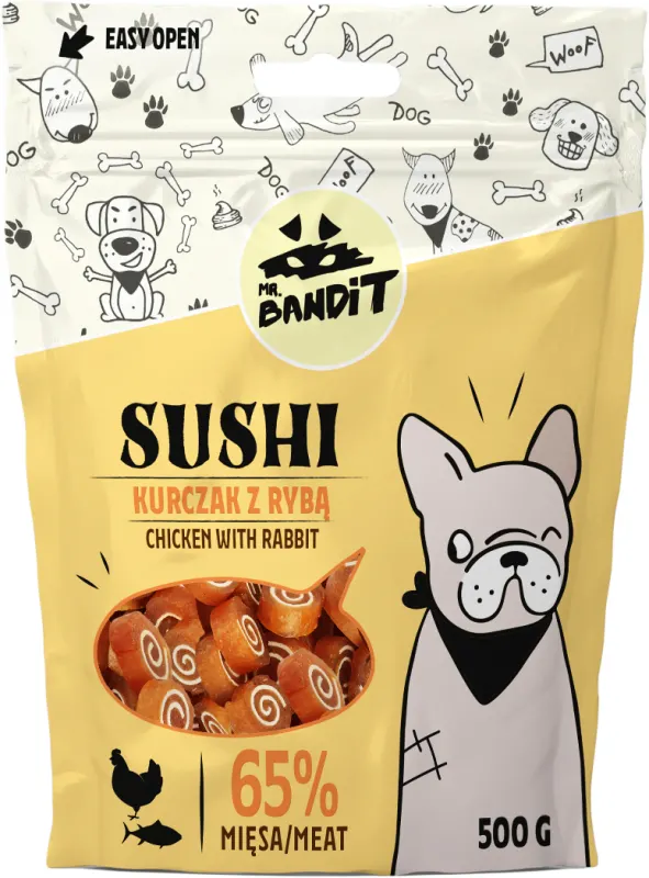 Recompense pentru caini Mr. Bandit SUSHI, pui si peste, 80g