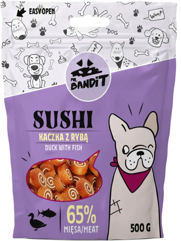 Recompense pentru caini Mr. Bandit SUSHI, rata si peste, 500g