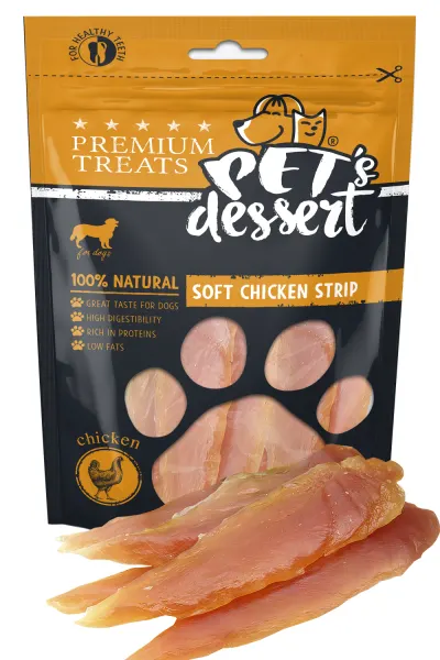 Recompense pentru caini, Pet s Dessert Dog Soft Chicken Strips 80g LSC-01