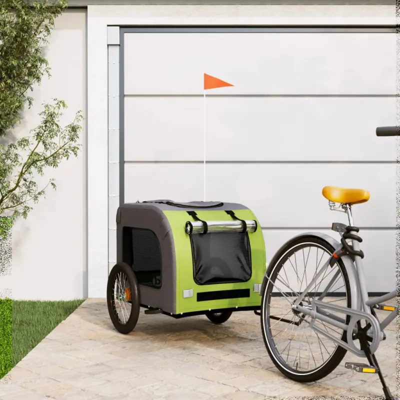 Remorca de bicicleta pentru caini verde&gri, textil oxford&fier