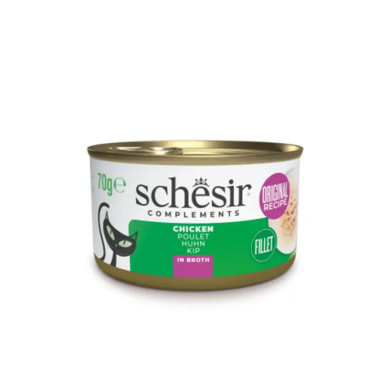 SCHESIR Complementary In Broth, Pui, conservă hrană umedă pisici, (în supă), 70g