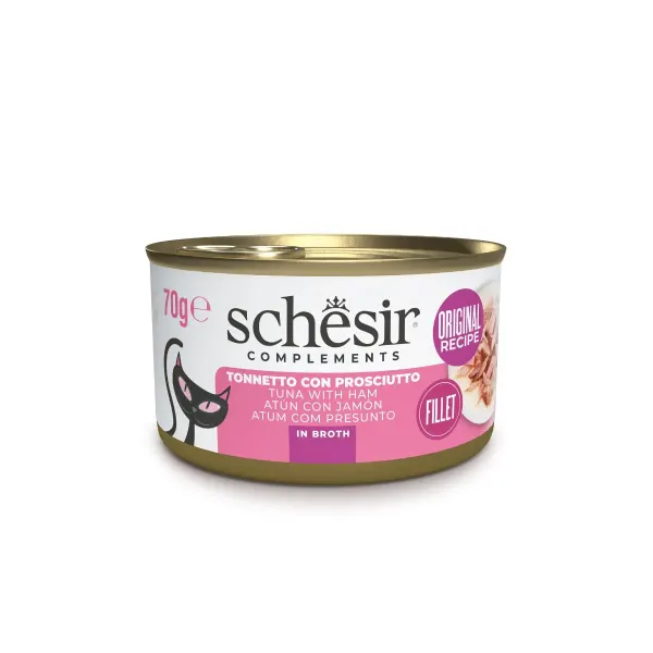 SCHESIR Complementary In Broth, Ton și Șuncă, conservă hrană umedă pisici, (în supă), 70g