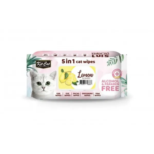 Servetele Umede pentru Pisici 5 in 1, KitCat Lamaie, 80 Bucati