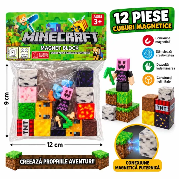 Set 12 Cuburi Magnetice de Construcție, Model Pixelat, cu Figurină și Accesorii, Joc Creativ pentru Copii, 3+ Ani