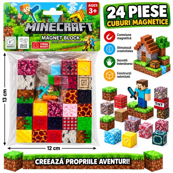 Set 24 Cuburi Magnetice de Construcție, Model Pixelat, cu Figurine și Accesorii, Joc Creativ pentru Copii, 3+ Ani