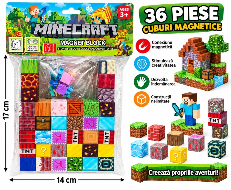 Set 36 Cuburi Magnetice de Construcție, Model Pixelat, cu Figurine și Accesorii, Joc Creativ pentru Copii, 3+ Ani