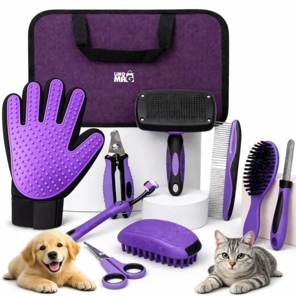 Set ingrijire caini/pisici Linomag®, 9 piese, grooming complet, perii, manusa, cleste unghii, foarfeca, pieptene, mov