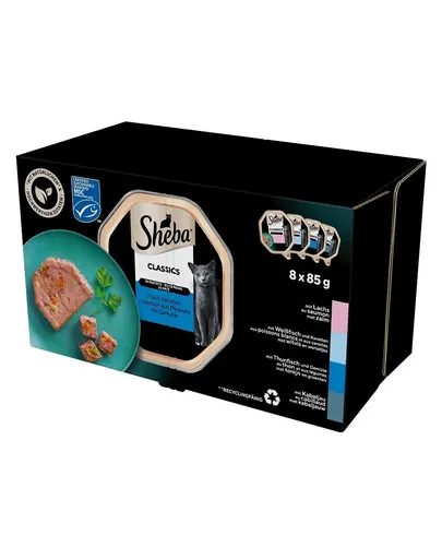SHEBA Classics hrana cu peste pentru pisica 8x85 g pate cu somon, peste alb si morcovi, ton si legume, cod