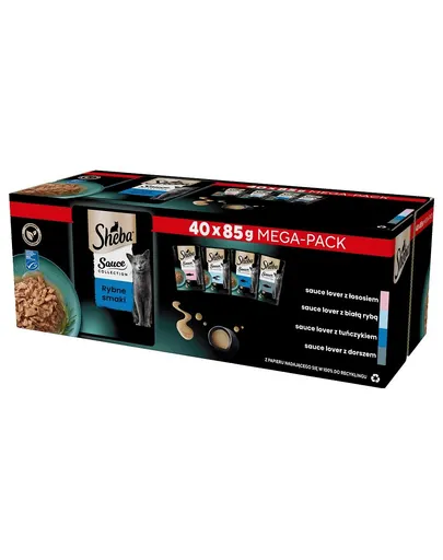 SHEBA Sauce Collection Arome de pește pliculețe de sos 40x85 g cu somon, pește alb, ton, cod