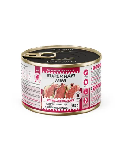 SUPER RAFI Mini cu vițel și inimi de gâscă 185 g hrană umedă pentru câini de talie mică